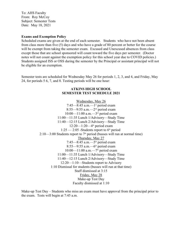 Semester Test Schedule